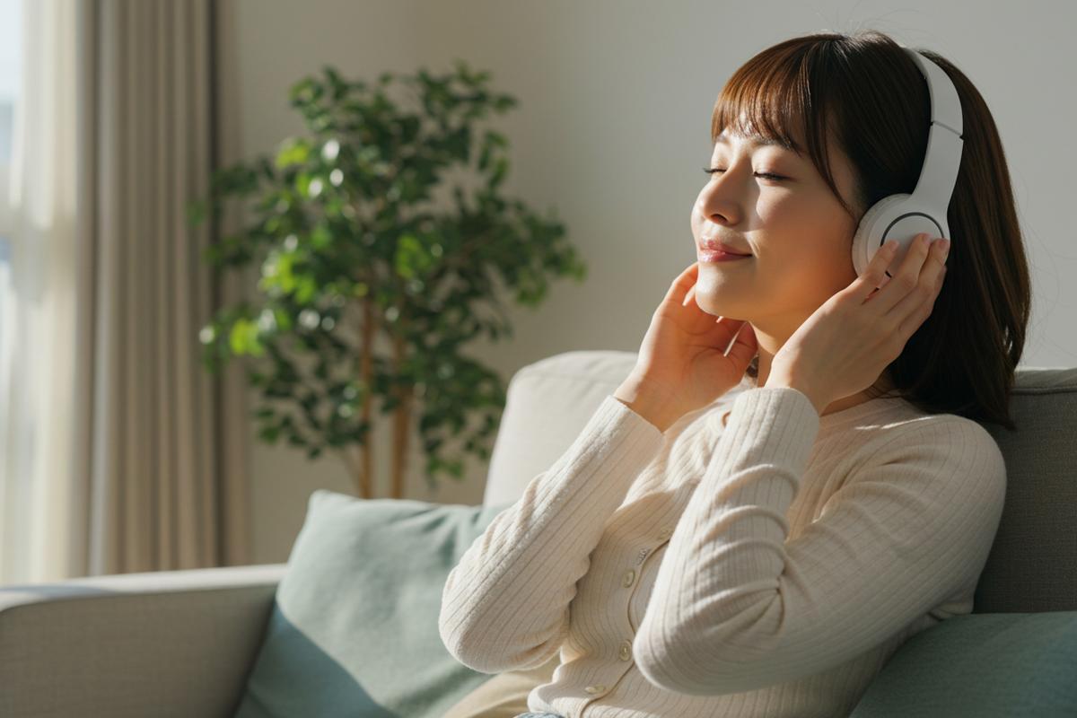 リラックスした表情でクラシック音楽を聴く女性