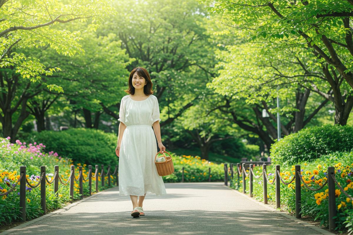 公園を散歩する女性